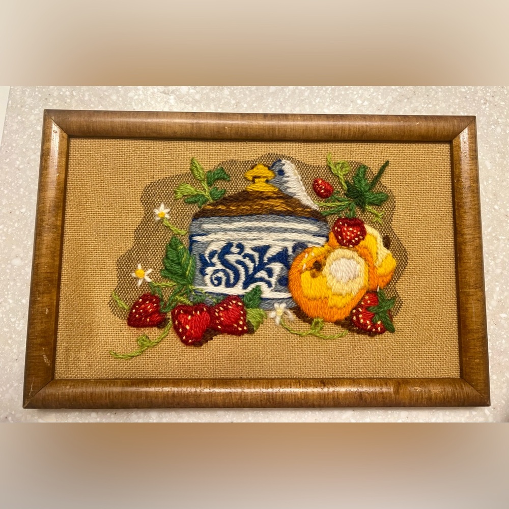 Vintage mid-century embroidered  Jiffy Stitchery "PORCELAIN AND PEACHES".